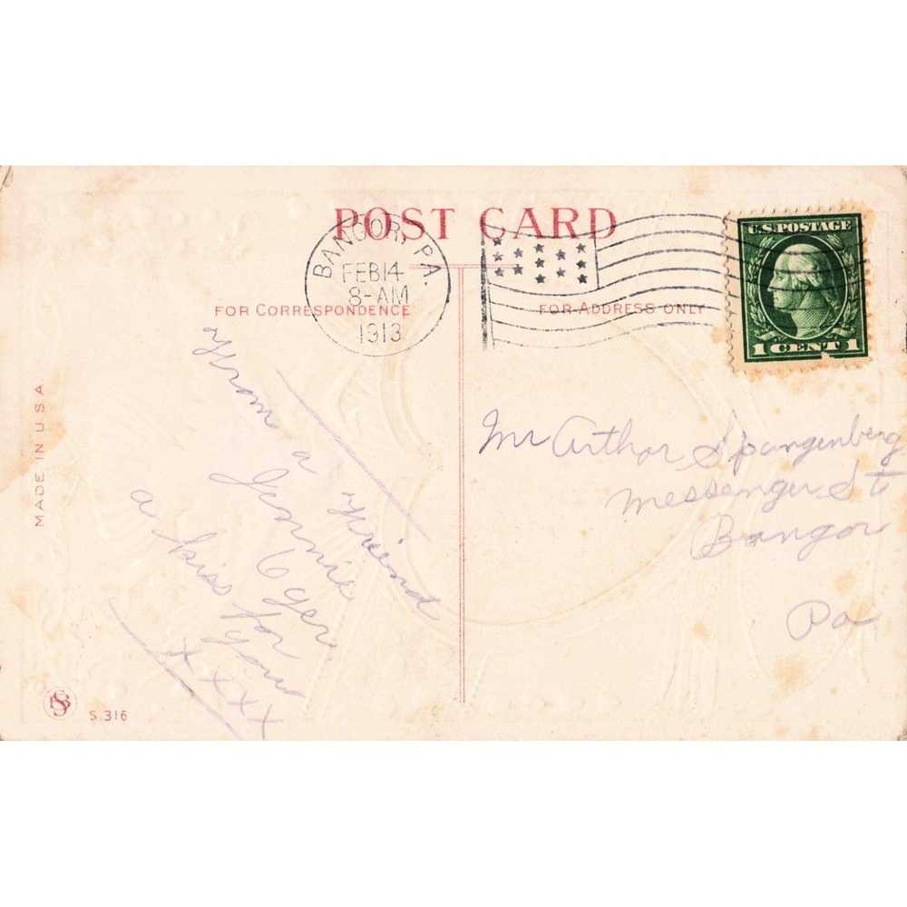 Valentine Postcard 1913 Embossed White Dove Heart Lady Portrait Bangor PA Used - Picture 2 of 2